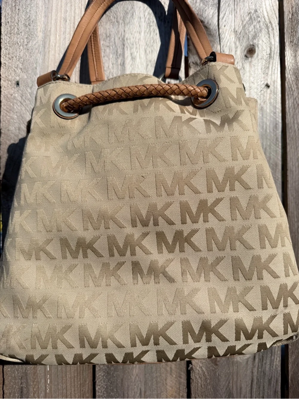 Michael Kors jet set gathered Beige Tan MK Logo Drawstring tote Shoulder Bag